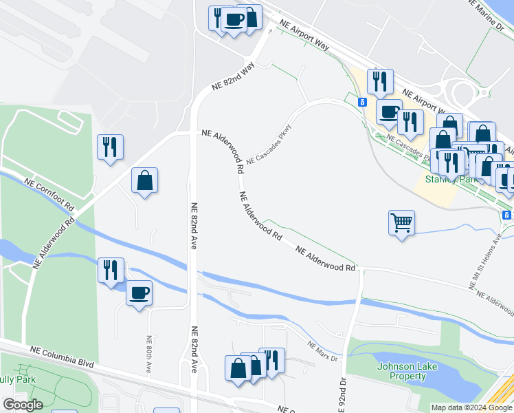 map of restaurants, bars, coffee shops, grocery stores, and more near 8599 Northeast Alderwood Road in Portland