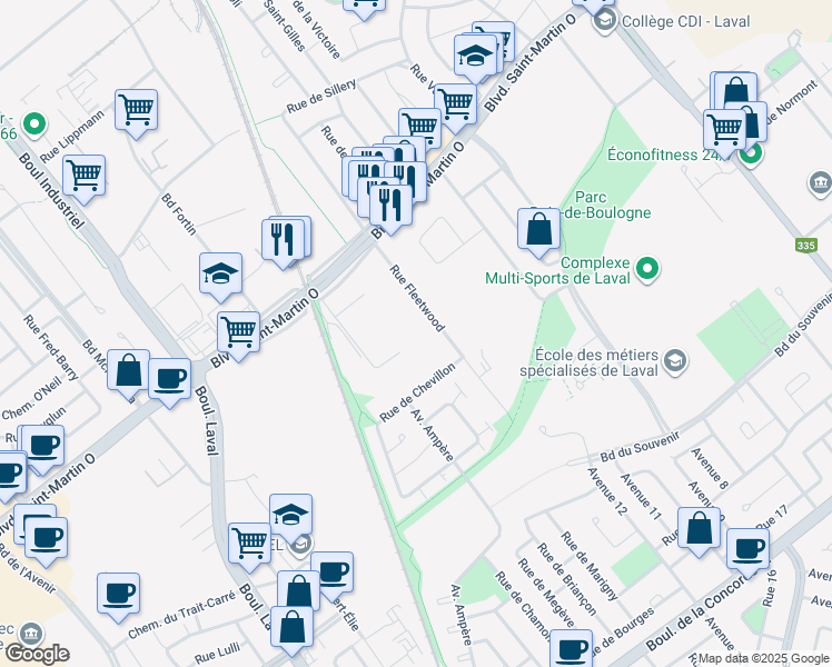 map of restaurants, bars, coffee shops, grocery stores, and more near in Laval