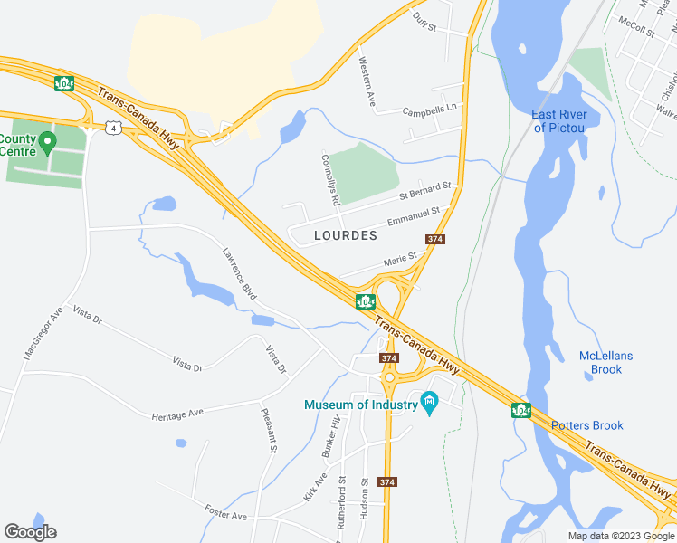 map of restaurants, bars, coffee shops, grocery stores, and more near 36 Marie Street in New Glasgow