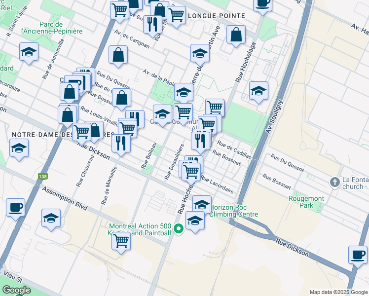 map of restaurants, bars, coffee shops, grocery stores, and more near 5874 Rue Desaulniers in Montréal
