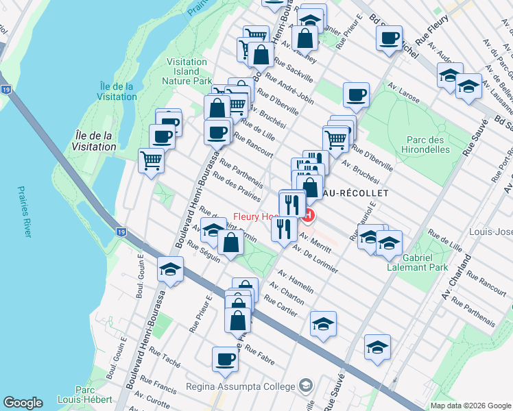 map of restaurants, bars, coffee shops, grocery stores, and more near 2155 Rue Prieur Est in Montréal
