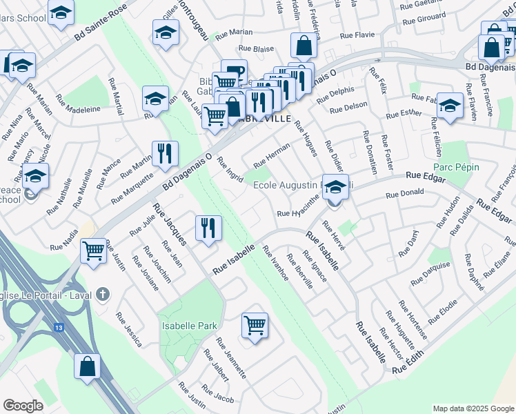 map of restaurants, bars, coffee shops, grocery stores, and more near 3580 Rue Ines in Laval