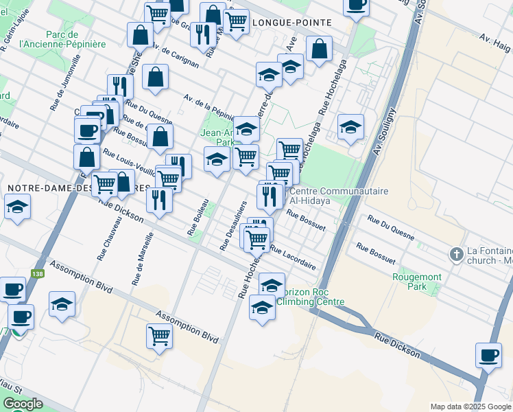 map of restaurants, bars, coffee shops, grocery stores, and more near 2560 Rue Bossuet in Montréal