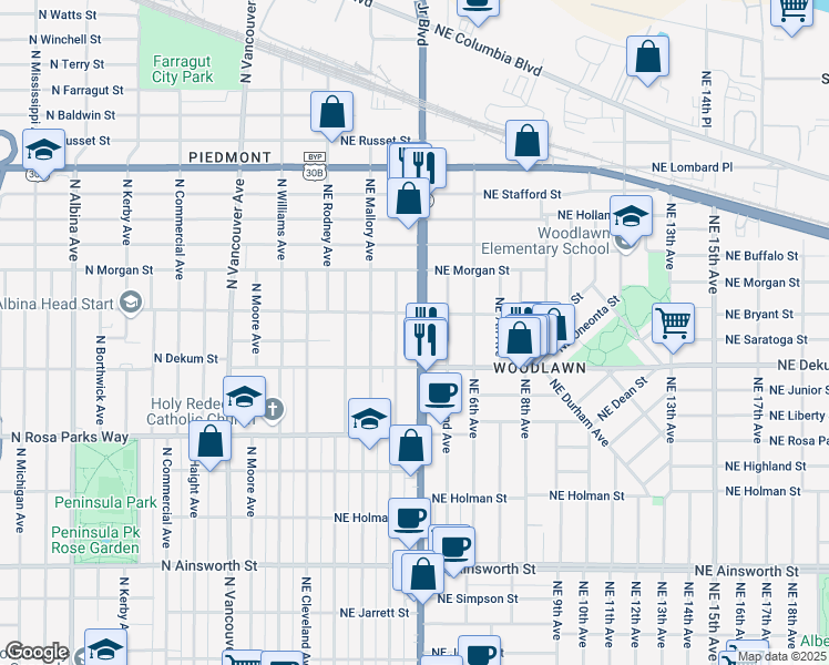 map of restaurants, bars, coffee shops, grocery stores, and more near 6936 Northeast Martin Luther King Junior Boulevard in Portland