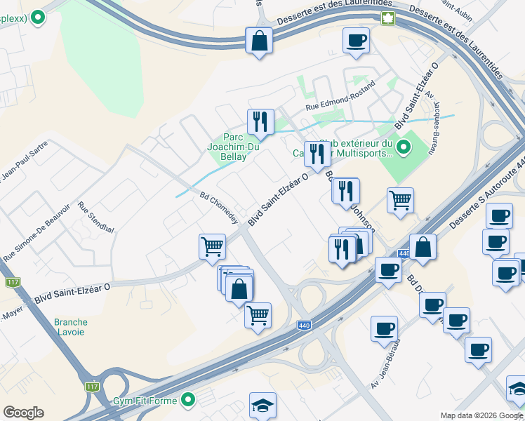 map of restaurants, bars, coffee shops, grocery stores, and more near 3280 Boulevard Saint Elzéar Ouest in Laval