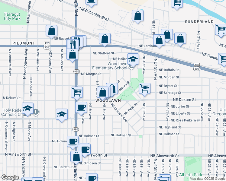 map of restaurants, bars, coffee shops, grocery stores, and more near 862 Northeast Madrona Street in Portland