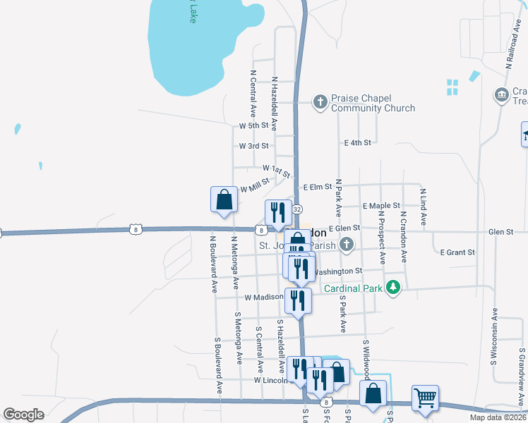 map of restaurants, bars, coffee shops, grocery stores, and more near 106 Railway Lane in Crandon