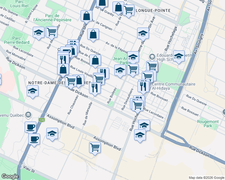 map of restaurants, bars, coffee shops, grocery stores, and more near 5813 Rue Boileau in Montréal