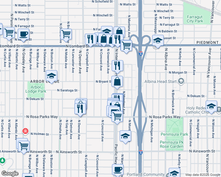 map of restaurants, bars, coffee shops, grocery stores, and more near 6925 North Greenwich Avenue in Portland