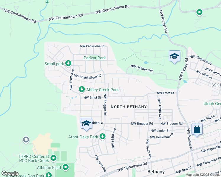 map of restaurants, bars, coffee shops, grocery stores, and more near 7350 Northwest Brugger Road in Portland
