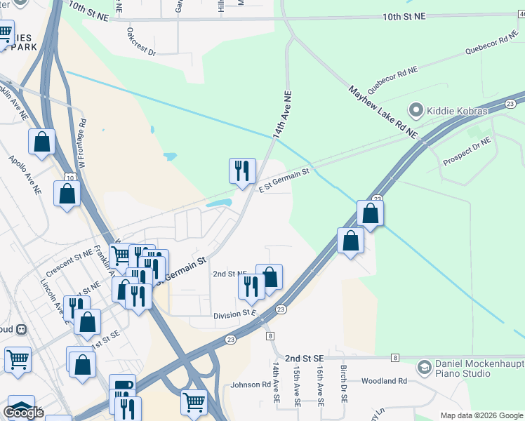 map of restaurants, bars, coffee shops, grocery stores, and more near 1570 East Saint Germain Street in St. Cloud