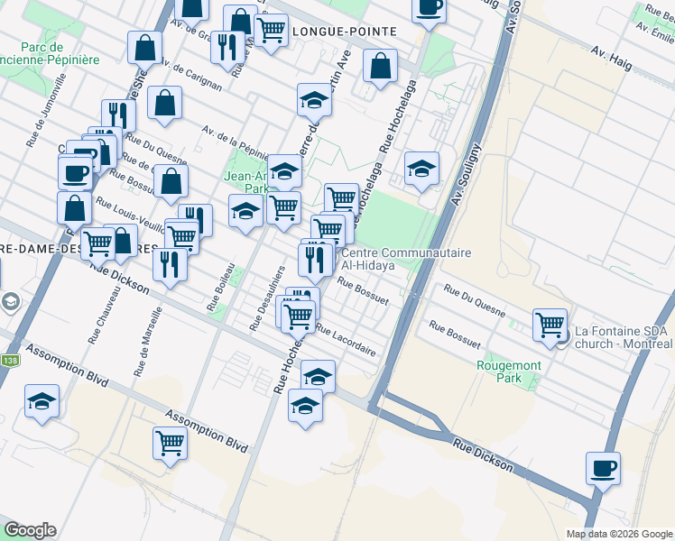 map of restaurants, bars, coffee shops, grocery stores, and more near 5970 Rue Hochelaga in Montréal