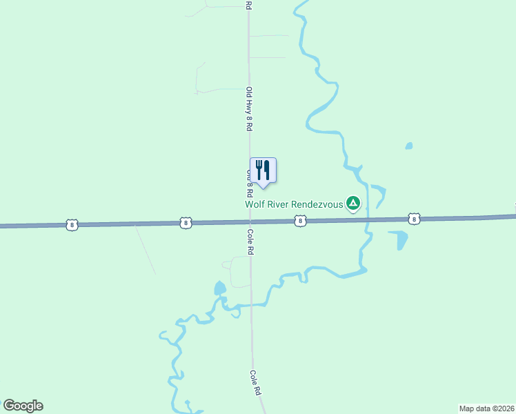 map of restaurants, bars, coffee shops, grocery stores, and more near 5500 Old Highway 8 Road in Laona