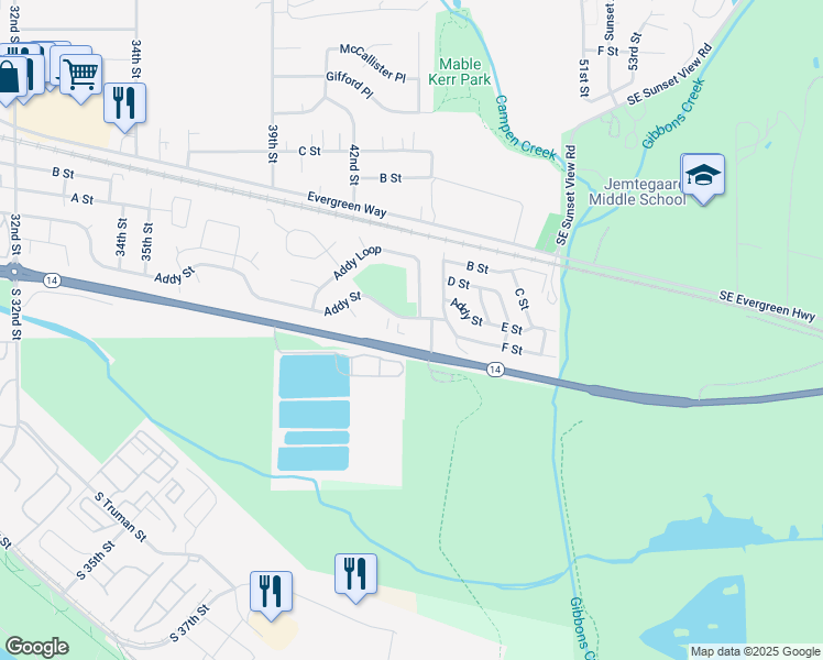 map of restaurants, bars, coffee shops, grocery stores, and more near 4300 Addy Street in Washougal