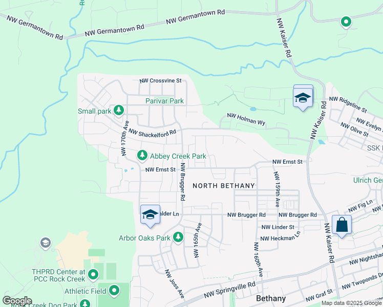 map of restaurants, bars, coffee shops, grocery stores, and more near 7350 Northwest Brugger Road in Portland