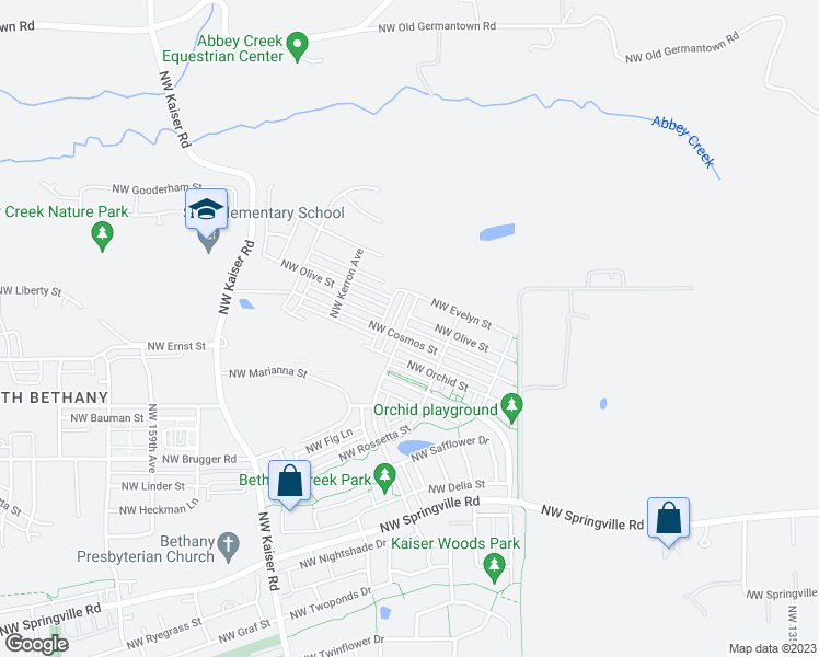 map of restaurants, bars, coffee shops, grocery stores, and more near 15043 Northwest Cosmos Street in Portland