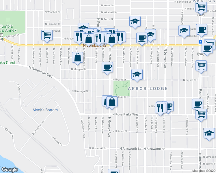 map of restaurants, bars, coffee shops, grocery stores, and more near 6915 North Greeley Avenue in Portland