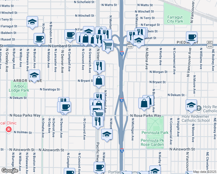 map of restaurants, bars, coffee shops, grocery stores, and more near 1331 North Saratoga Street in Portland