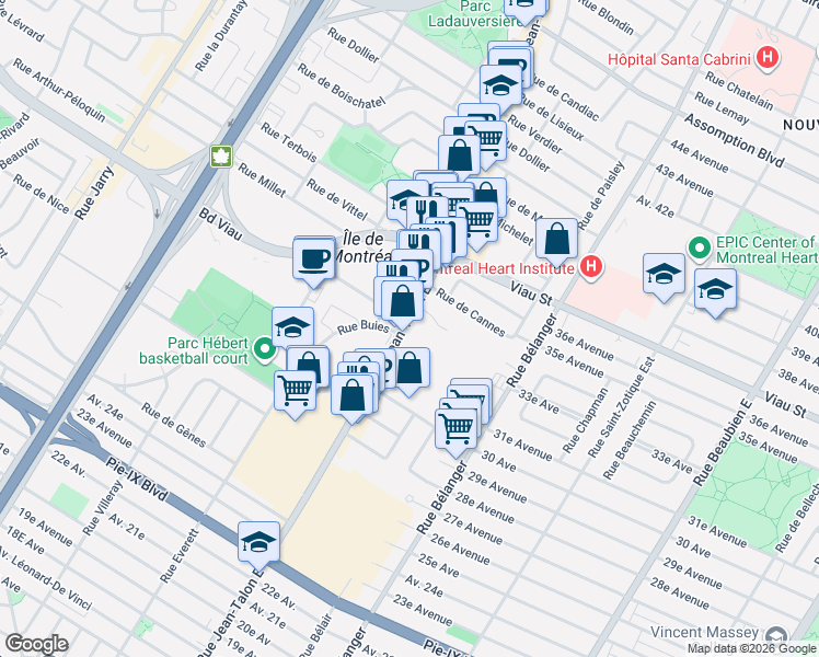 map of restaurants, bars, coffee shops, grocery stores, and more near 4740 Rue Jean-Talon Est in Montréal
