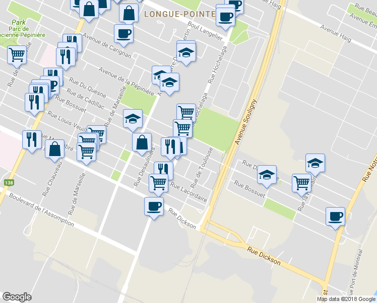 map of restaurants, bars, coffee shops, grocery stores, and more near 2470 Rue de Cadillac in Montréal