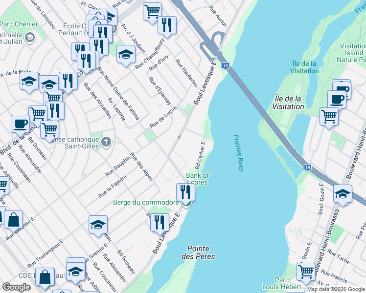 map of restaurants, bars, coffee shops, grocery stores, and more near 1750 Boulevard Lévesque Est in Laval