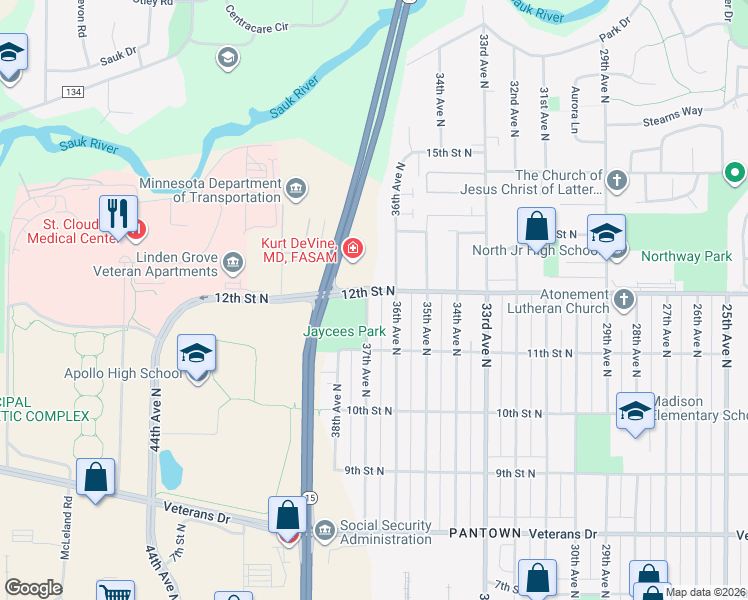 map of restaurants, bars, coffee shops, grocery stores, and more near 1150 37th Avenue North in St. Cloud