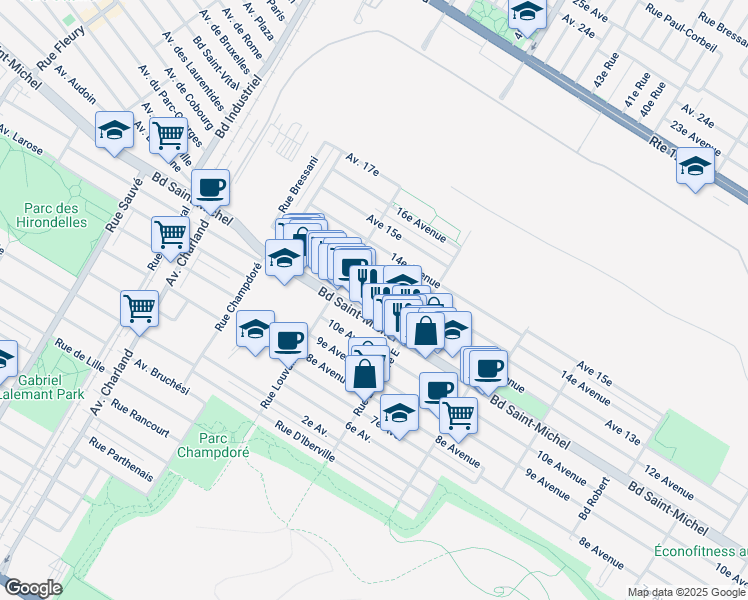map of restaurants, bars, coffee shops, grocery stores, and more near 9140 12e Avenue in Montreal
