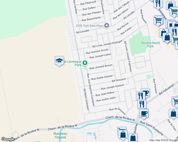 map of restaurants, bars, coffee shops, grocery stores, and more near 435 Rue Jean-Baptiste-Campeau in Saint-Eustache
