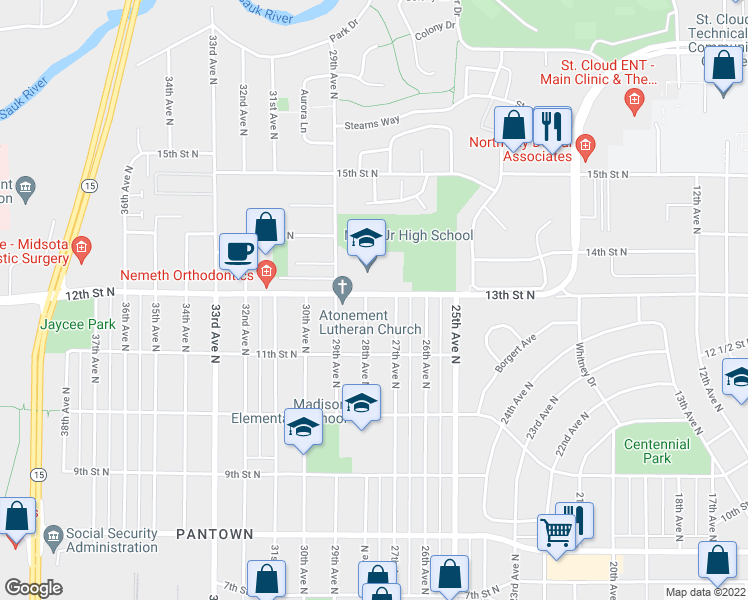 map of restaurants, bars, coffee shops, grocery stores, and more near 2720 12th Street North in St. Cloud