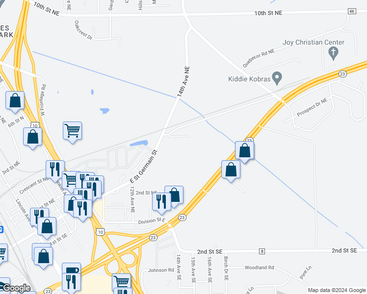 map of restaurants, bars, coffee shops, grocery stores, and more near 1550 East Saint Germain Street in St. Cloud