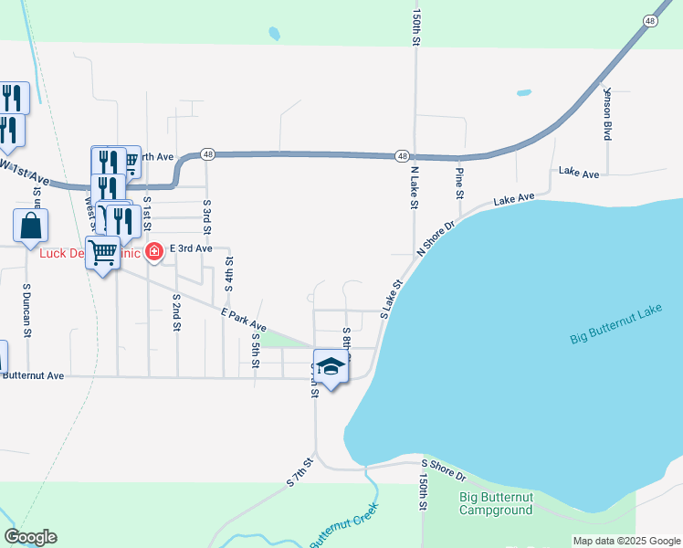 map of restaurants, bars, coffee shops, grocery stores, and more near 421 8th Street Court in Luck
