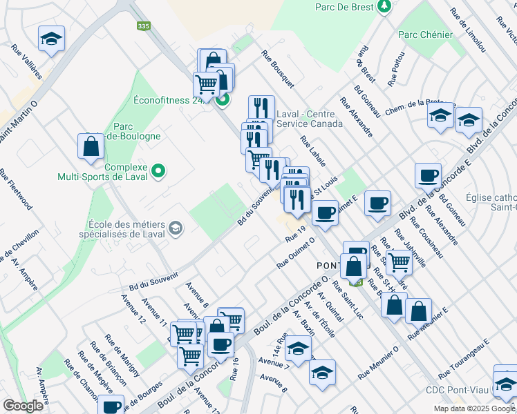 map of restaurants, bars, coffee shops, grocery stores, and more near 535 Avenue Quintal in Laval