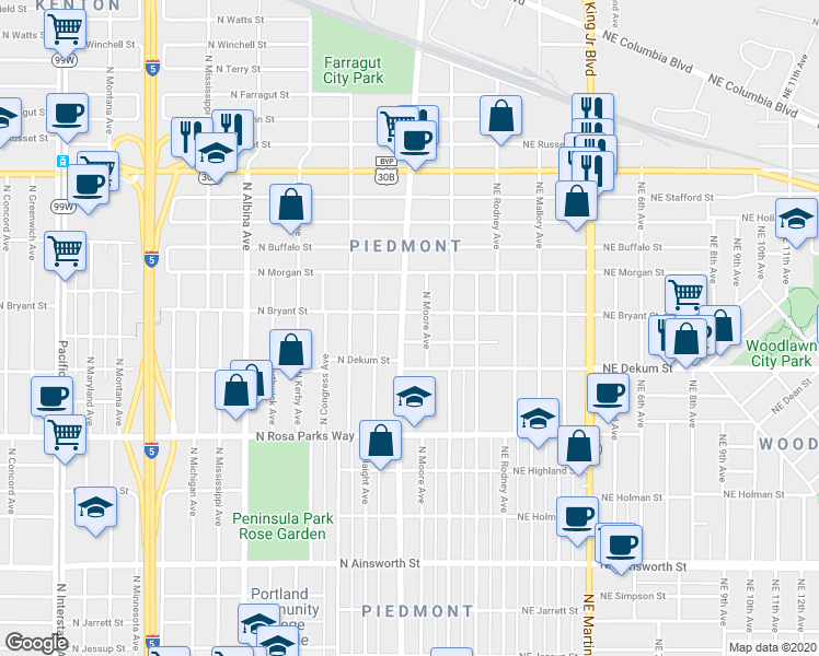 map of restaurants, bars, coffee shops, grocery stores, and more near 6920 North Vancouver Avenue in Portland