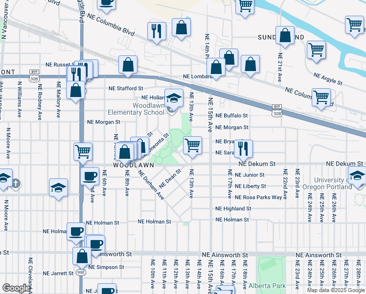 map of restaurants, bars, coffee shops, grocery stores, and more near 6856 Northeast Winona Street in Portland