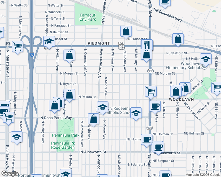 map of restaurants, bars, coffee shops, grocery stores, and more near 6933 North Williams Avenue in Portland