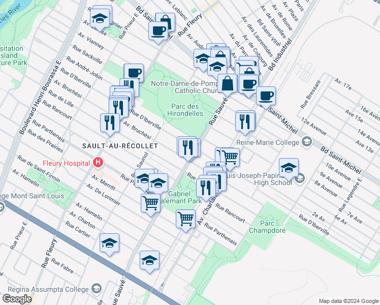 map of restaurants, bars, coffee shops, grocery stores, and more near 2485 Rue Sauvé Est in Montréal