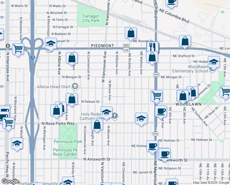 map of restaurants, bars, coffee shops, grocery stores, and more near 6933 North Williams Avenue in Portland