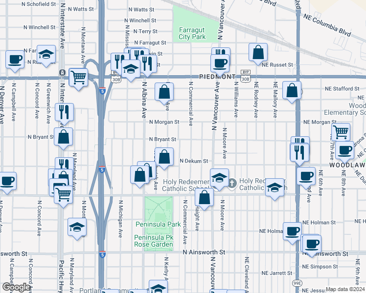 map of restaurants, bars, coffee shops, grocery stores, and more near 6916 North Congress Avenue in Portland