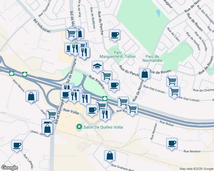 map of restaurants, bars, coffee shops, grocery stores, and more near 1205 Rue Ampère in Boucherville