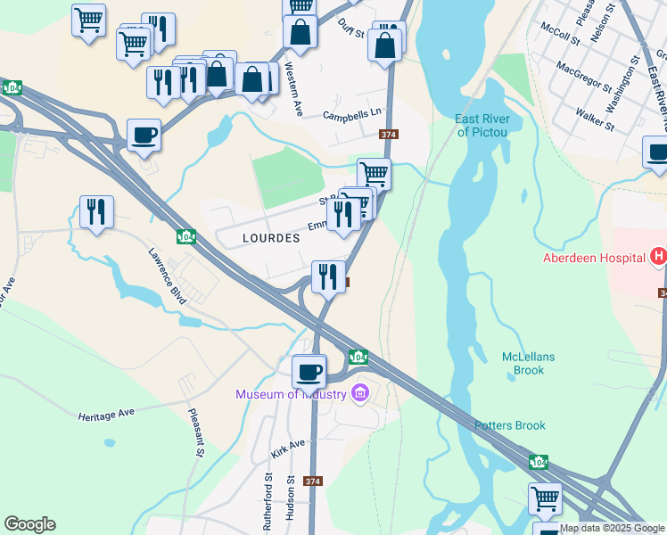map of restaurants, bars, coffee shops, grocery stores, and more near 11 Marie Street in New Glasgow