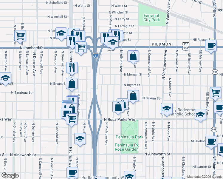 map of restaurants, bars, coffee shops, grocery stores, and more near 6919 North Mississippi Avenue in Portland