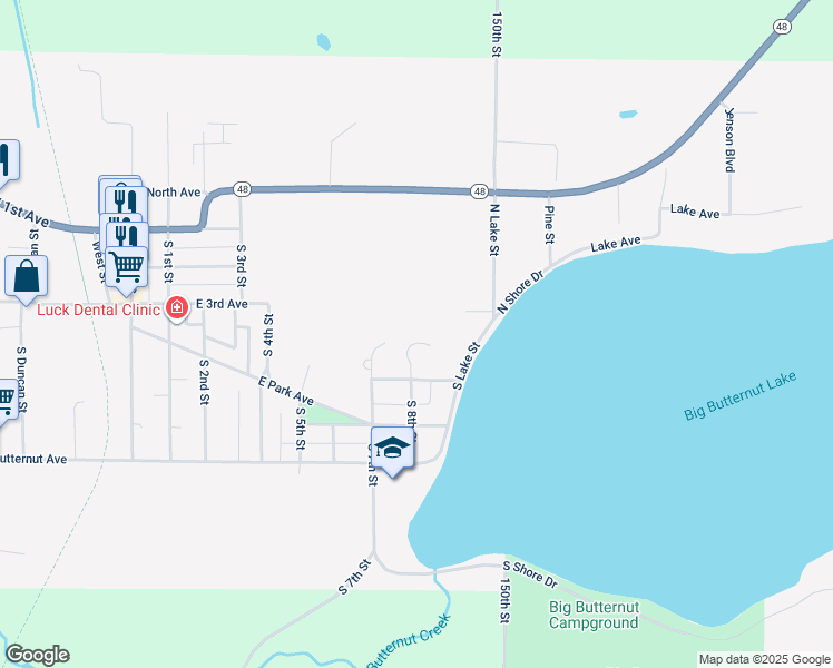 map of restaurants, bars, coffee shops, grocery stores, and more near 421 8th Street Court in Luck