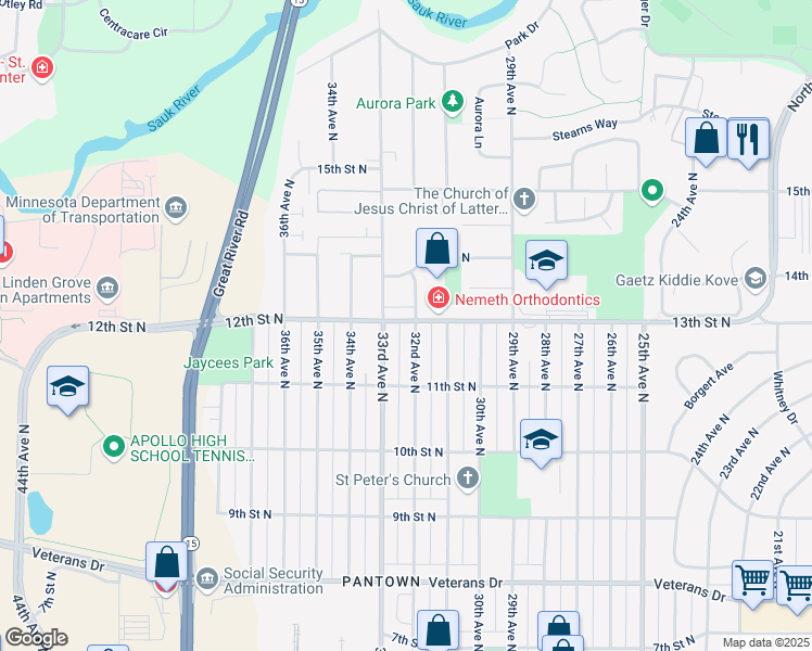 map of restaurants, bars, coffee shops, grocery stores, and more near 3200 12th Street North in St. Cloud