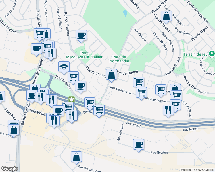 map of restaurants, bars, coffee shops, grocery stores, and more near 1220 Rue Gay-Lussac in Boucherville