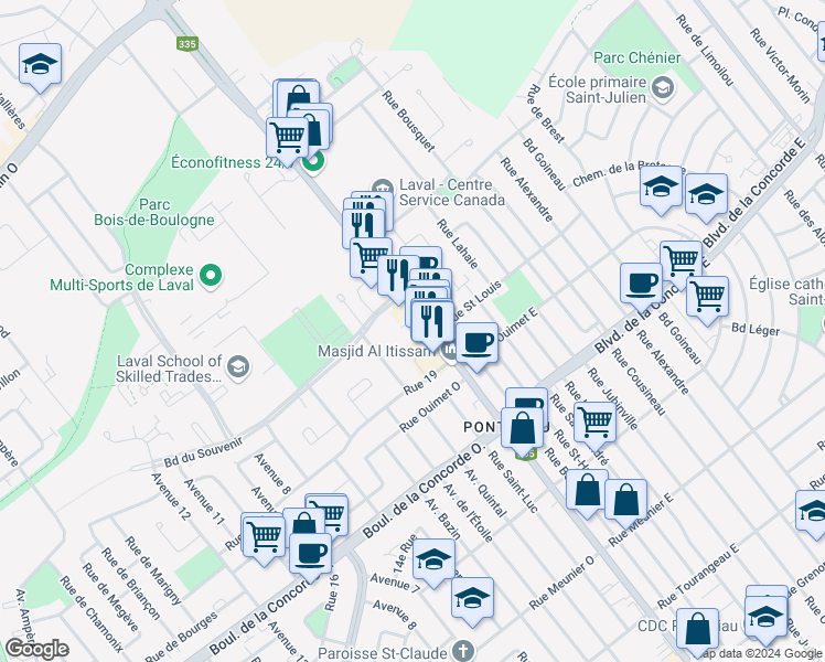 map of restaurants, bars, coffee shops, grocery stores, and more near 700 Boulevard des Laurentides in Laval