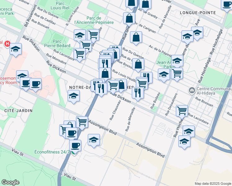 map of restaurants, bars, coffee shops, grocery stores, and more near 3195 Rue Dickson in Montréal