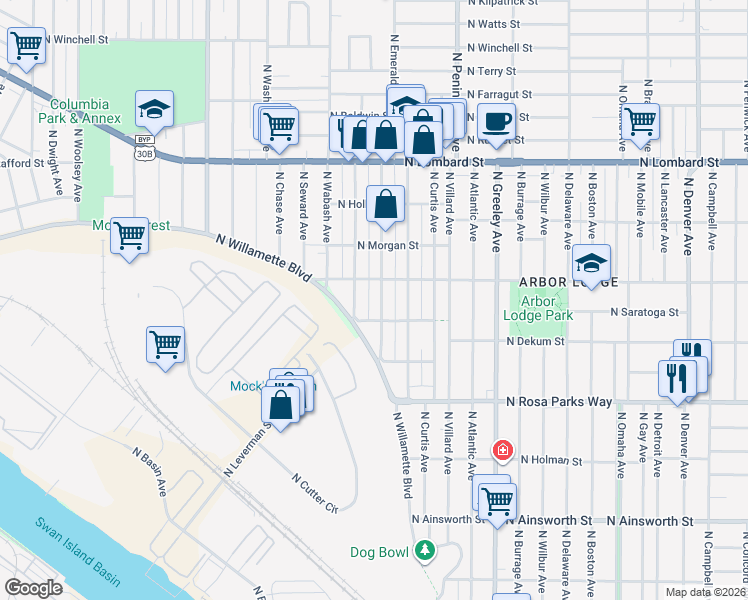 map of restaurants, bars, coffee shops, grocery stores, and more near 6942 North Vincent Avenue in Portland