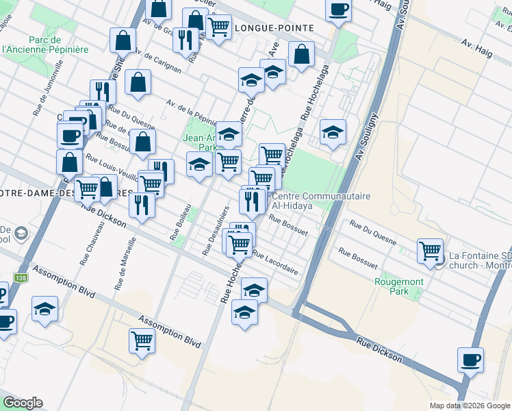 map of restaurants, bars, coffee shops, grocery stores, and more near 2515 Rue Bossuet in Montréal