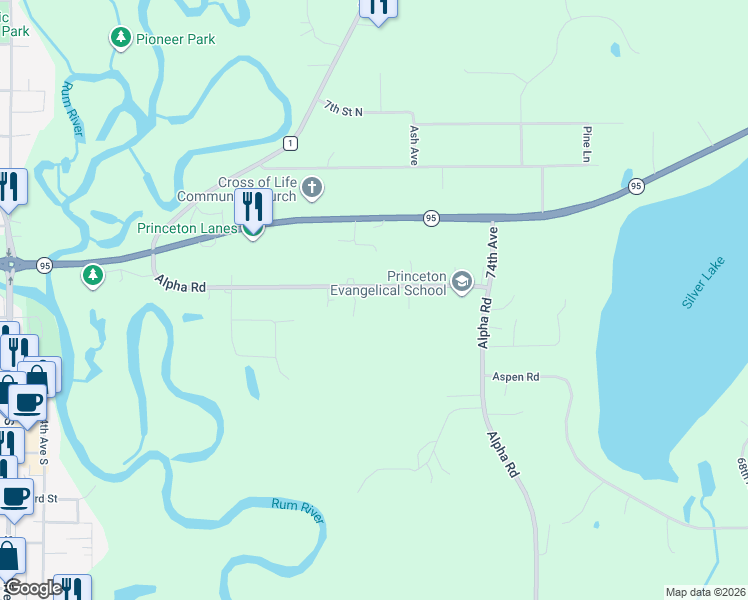 map of restaurants, bars, coffee shops, grocery stores, and more near 7525 Alpha Road in Princeton