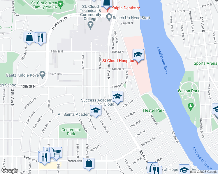 map of restaurants, bars, coffee shops, grocery stores, and more near 1298 9th Avenue North in Saint Cloud